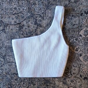 Babaton White Ribbed Asymmetrical Cropped Tank Top